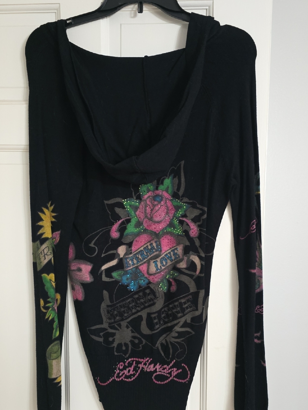 Ed Hardy Black Hooded Long Sleeve Top with Pink & Green Rose Graphics